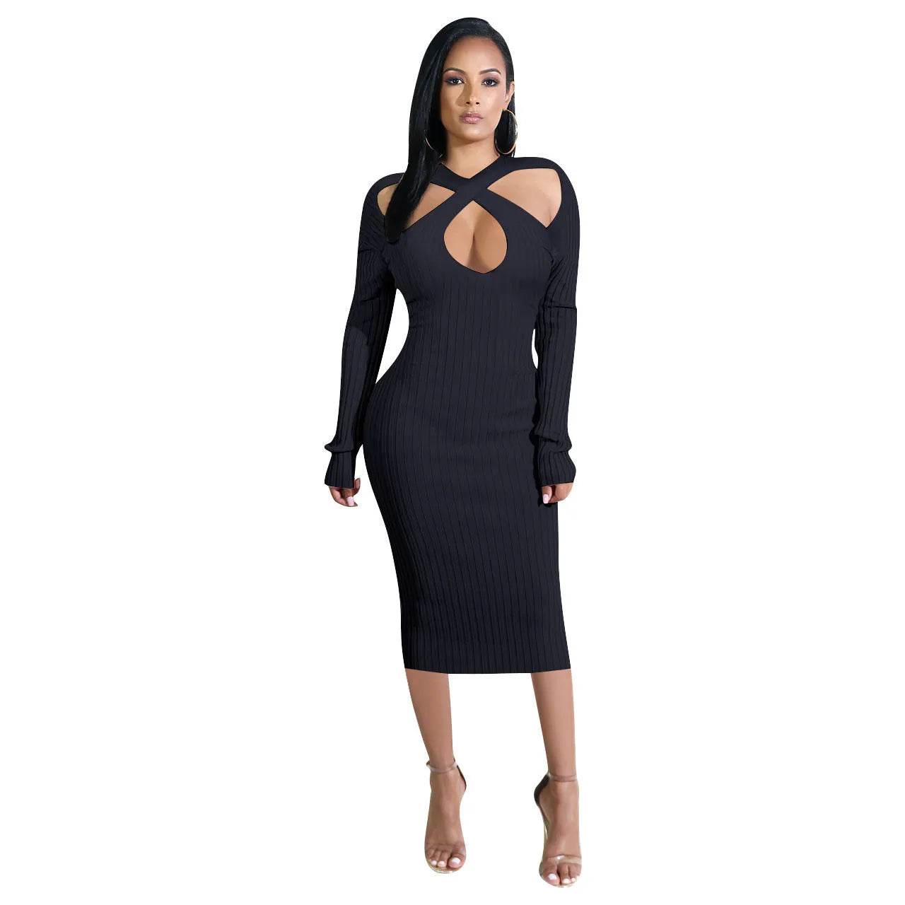 Chic V-neck Long Sleeve Midi Party Club Bodycon Pencil Dress - Velora