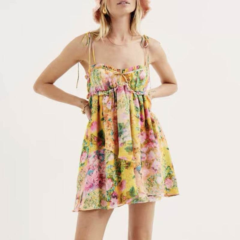 Y2K Flowers Print Suspender Dress Summer Fashion Ruffled Holiday Beach Short Dresses Womens Clothing - Velora