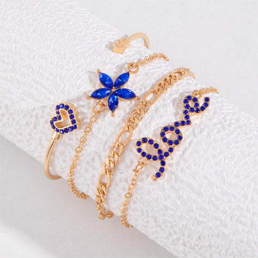 4pcs Blue Flower Love Butterfly Bracelet Set With Rhinestones Design Valentines Day - Velora