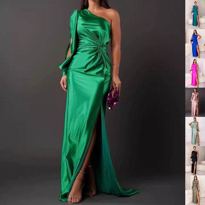 Women's One-shoulder Split Dress Ins Fashion Long-sleeved Slim Long Dresses Party Evening Clothing - Velora