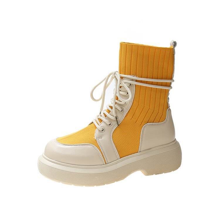 Green Martin With Lace-up Thick-bottomed Heightening Straps Boots - Velora