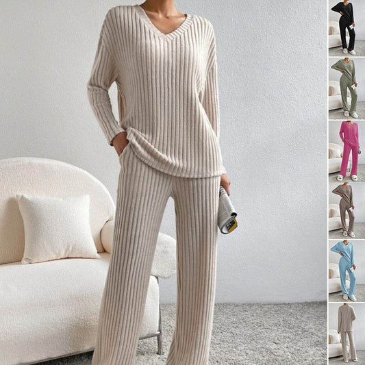 Fashion Solid Striped Suit V-neck Long-sleeved Top And Casual Straight Pants Loose Temperament Women's Clothing - Velora