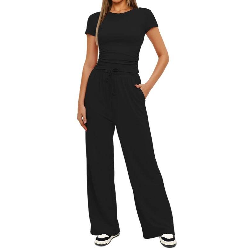 Fashion Casual Set Pleated Short Sleeves Top And Trousers - Velora