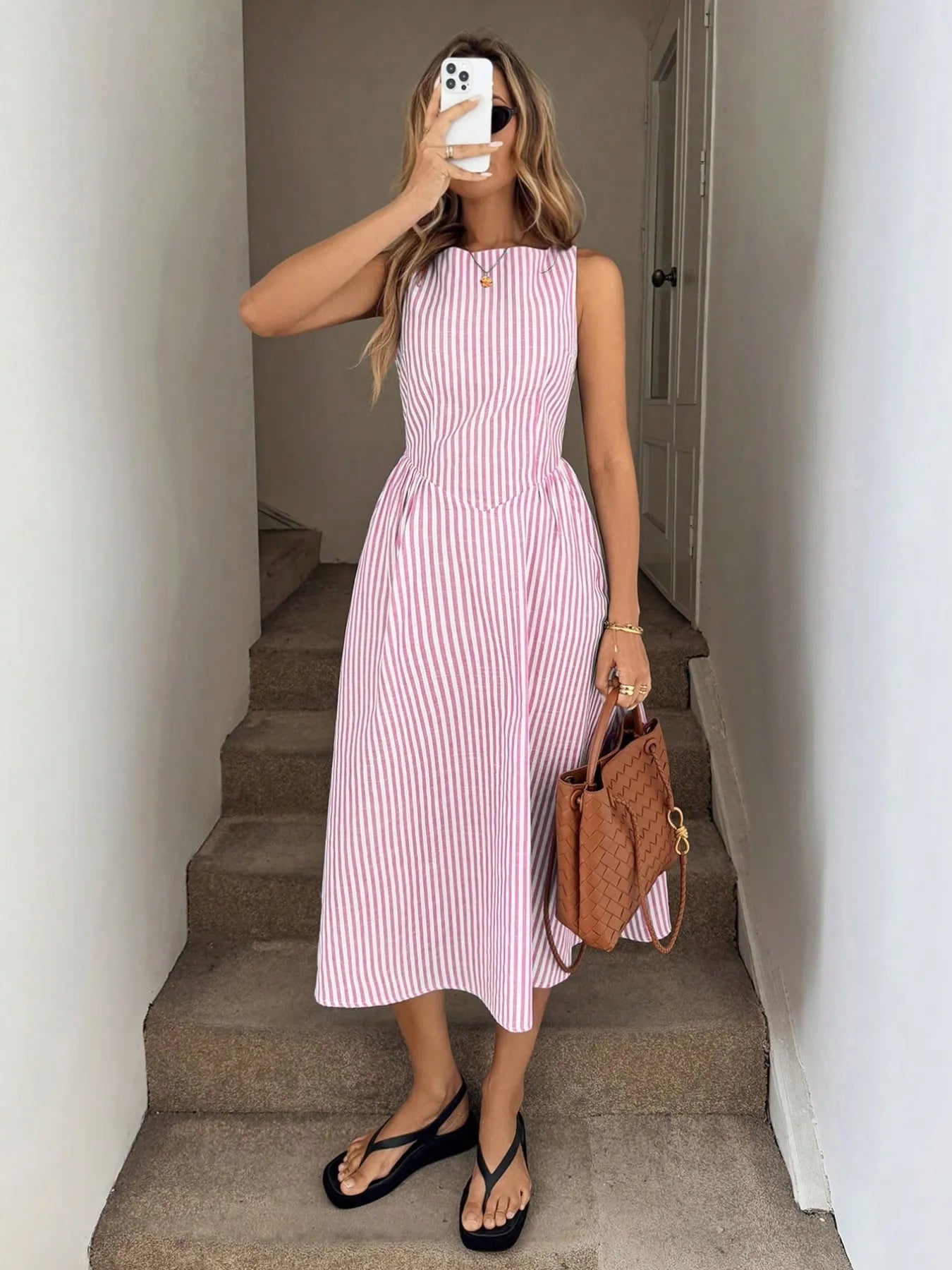 Sleeveless Striped Midi Dress - Velora