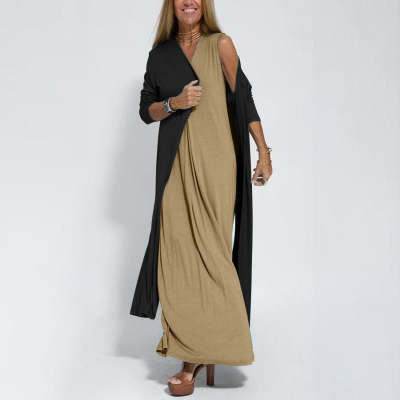 New Solid Color V-neck Sleeveless Dress Long Cardigan Jacket Suit For Women - Velora
