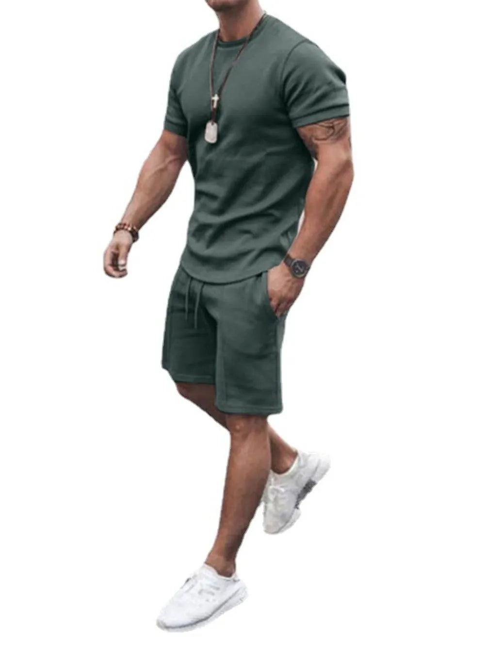 Men's Plus Size Round Neck Short Sleeve Top and Shorts Set - Velora