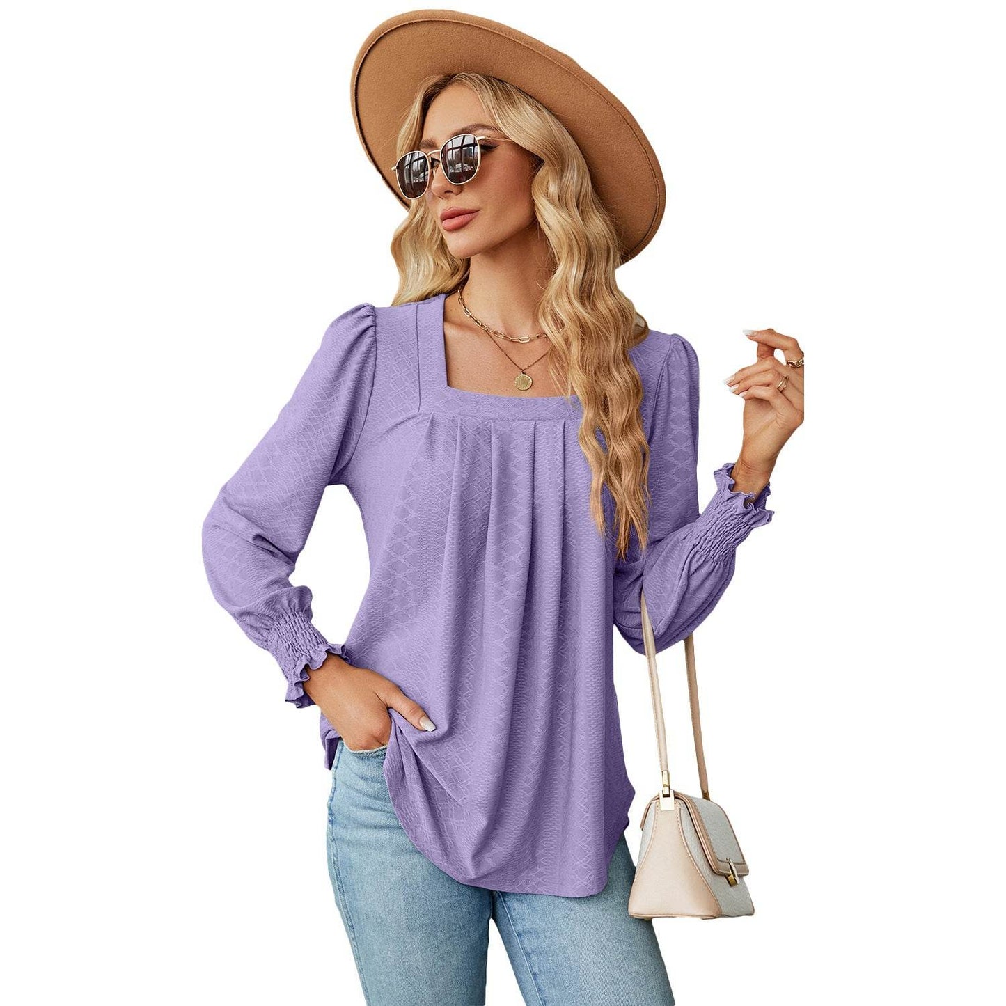 New Jacquard Pleated Square Neck T-shirt Fashion Solid Color Long Sleeve Pullover Tops Womens Clothing - Velora