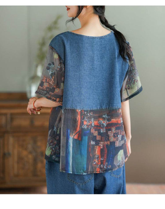 Loose Plus Size Stitching Printing Denim Suit Summer Thin Women's Casual Suit Two Fashion Sets - Velora