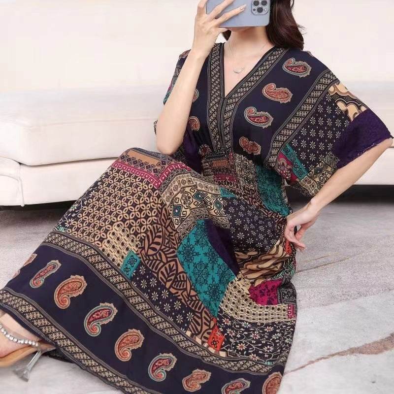 Cotton Silk Floral Dress Women's Summer Ethnic Style V-neck Short Sleeve Pastoral Style Skirt - Velora