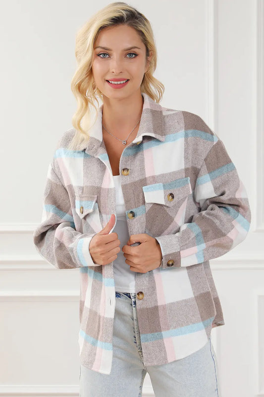 Pocketed Plaid Collared Neck Jacket - Velora