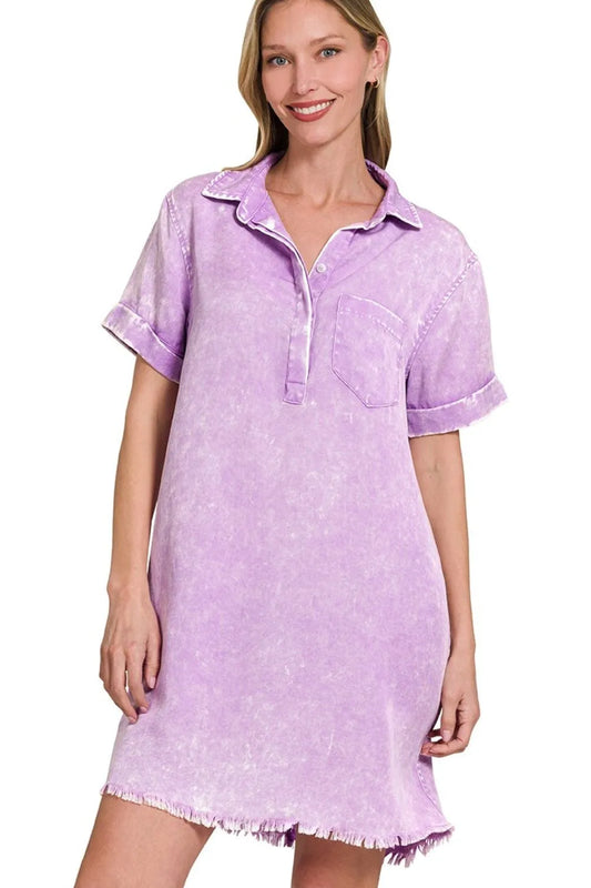 Zenana Tencel Mineral Washed Collared Shirts Dress - Velora