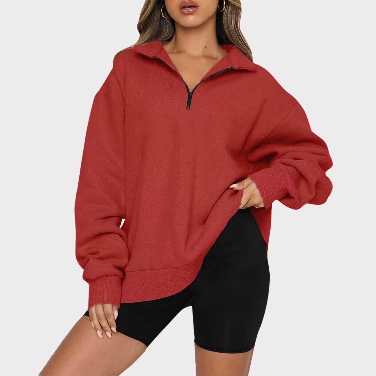 Women Sweatshirts Zip Turndown Collar Loose Casual Tops Clothes - Velora