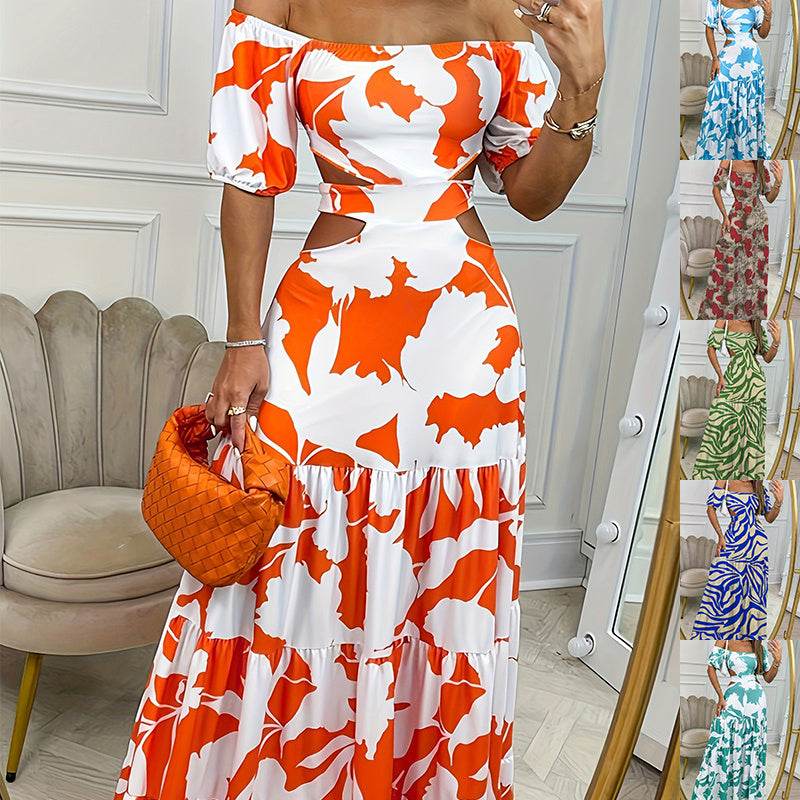 Printed One-line Collar Short-sleeved Long Dress With Hollow Waist Design Summer Vacation Dresses For Women Clothing - Velora