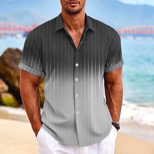 Lapel Button Short-sleeved Shirt Summer Fashion Gradient Striped Print Beach Shirt Leisure Tops Men's Clothing - Velora