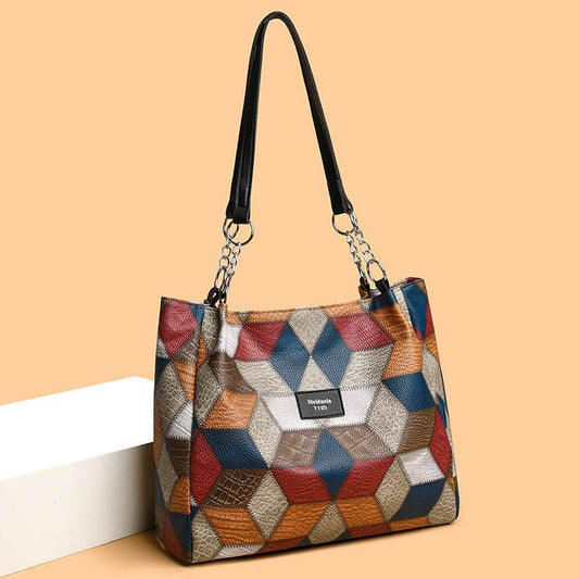 Retro Geometric Pattern Color-matching Shoulder Bag Fashion Large Capacity Stitching Handbag For Women Totes - Velora
