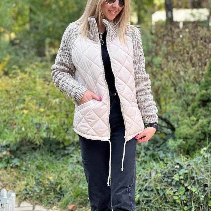 Stand Collar Cotton Jacket With Pockets Fashion Knitted Stitching Zipper Coat Winter Warm Tops For Women - Velora