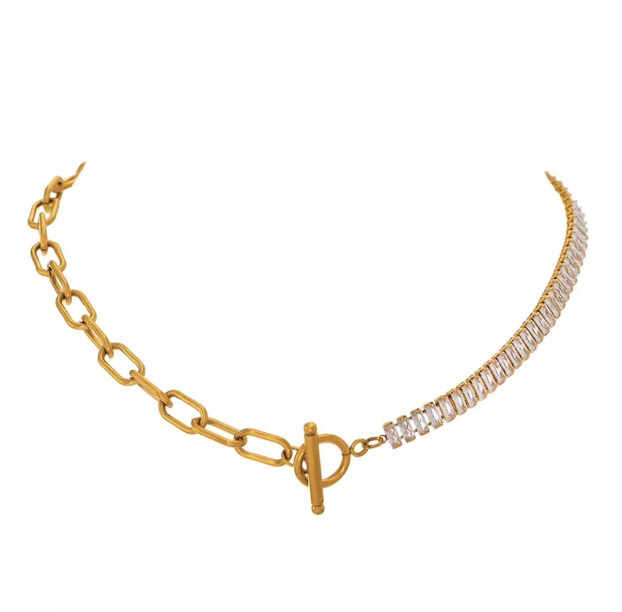 Zircon Tennis Chain Real Gold Plating OT Buckle Necklace - Velora