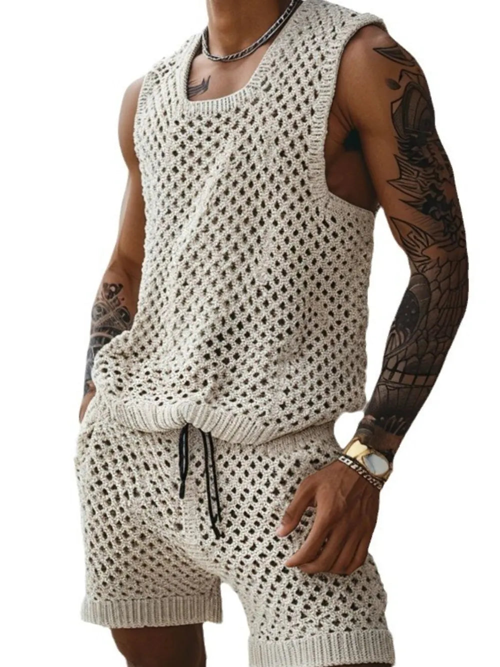 Men's Plus Size Hollow Out Round Neck Tank and Shorts Set - Velora