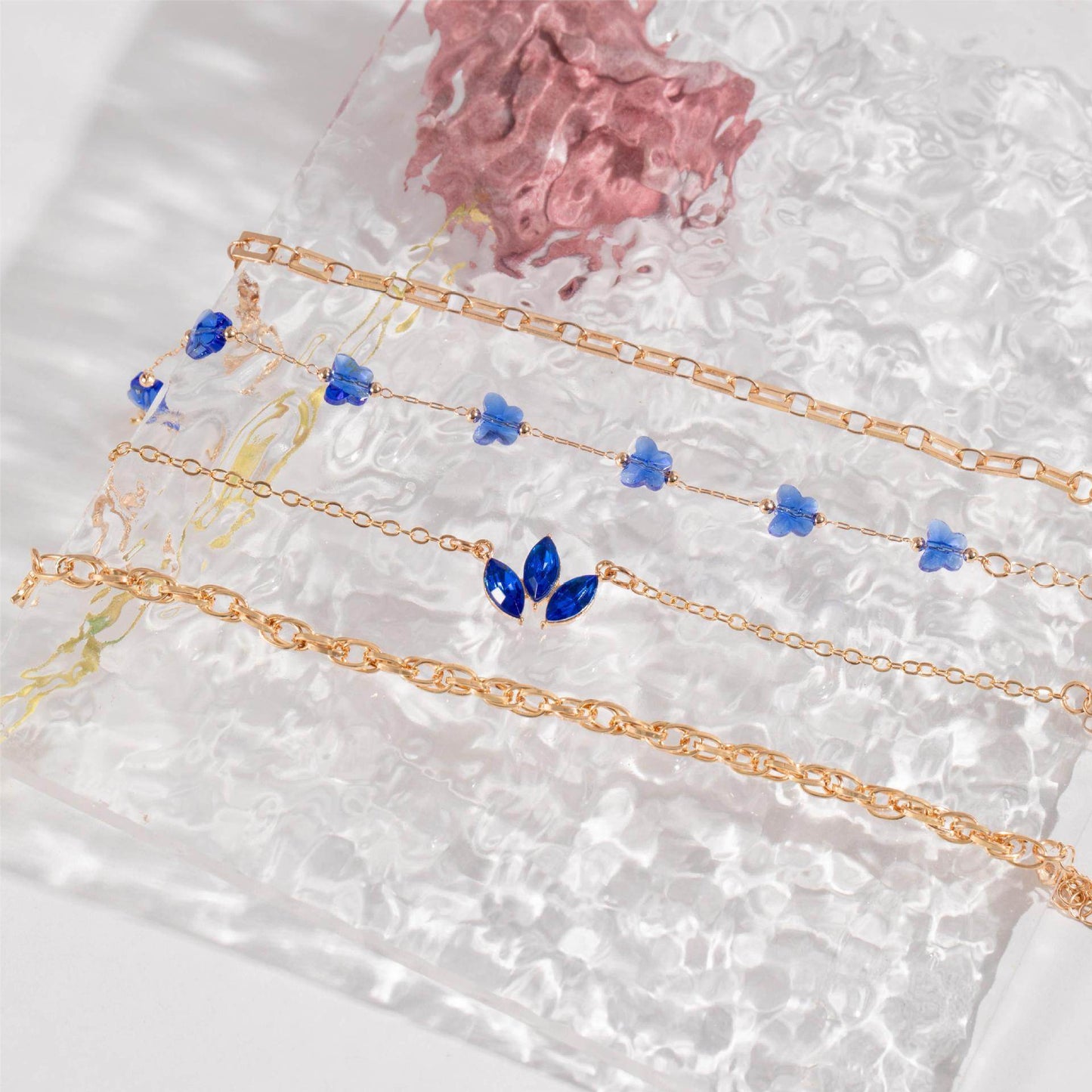 4pcs Blue Flower Love Butterfly Bracelet Set With Rhinestones Design Valentines Day - Velora