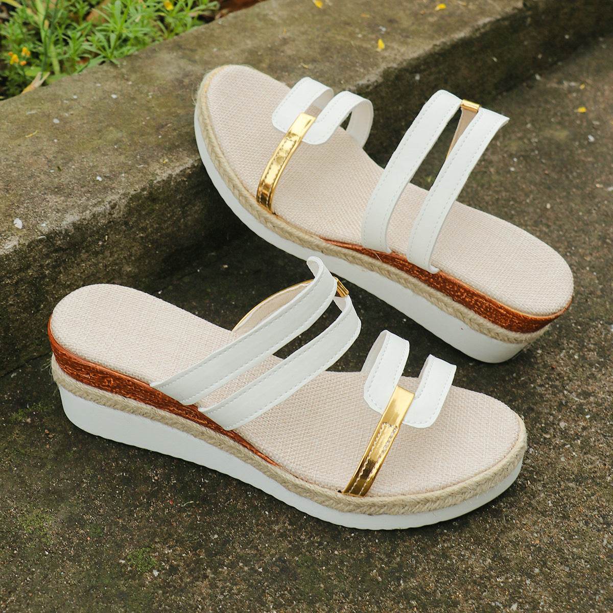 Colorblock-strap Wedges Sandals Summer Fashion Hemp Heel Slides Slippers Outdoor Thick Bottom Fish Mouth Shoes For Women - Velora