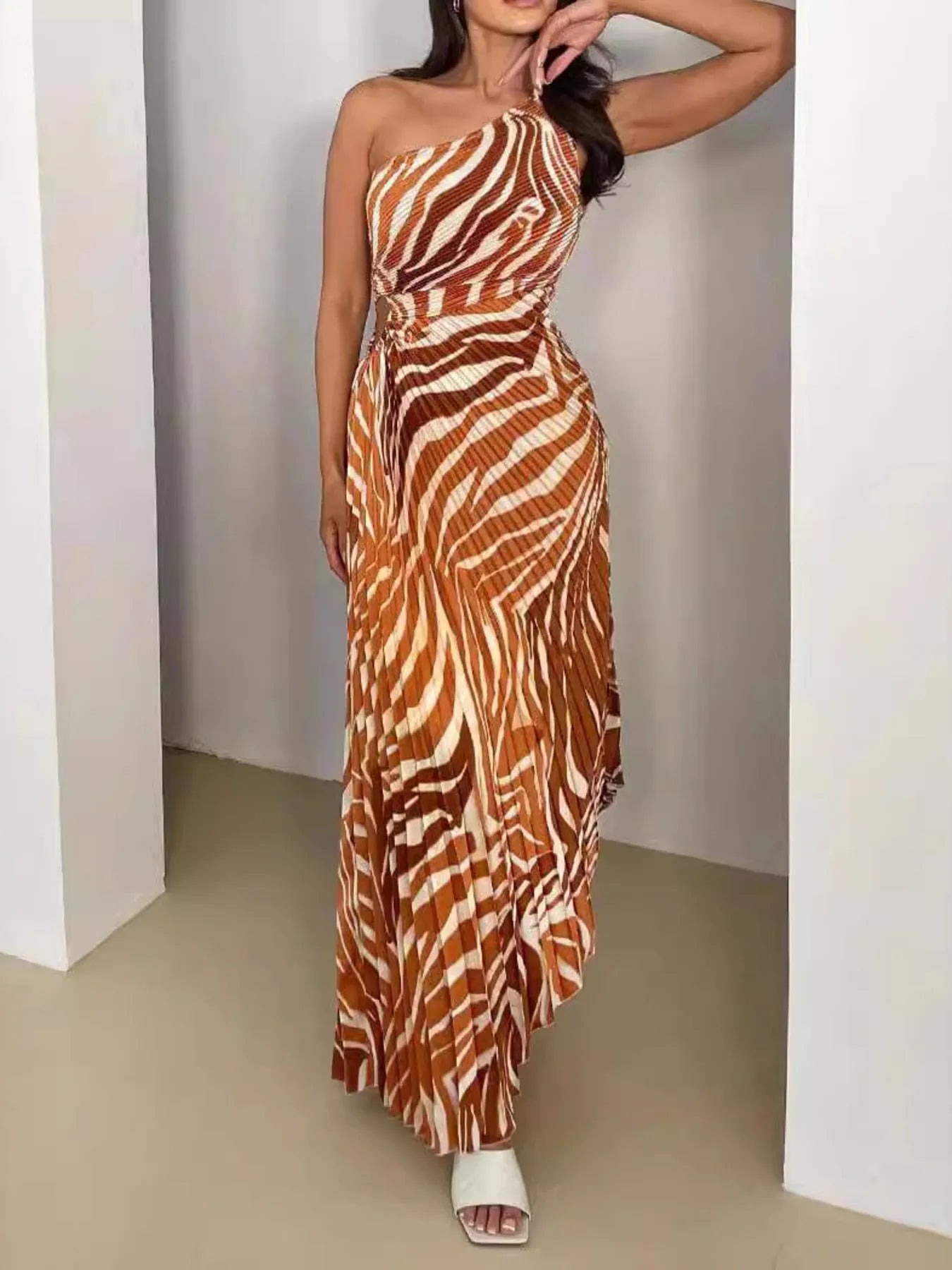 Printed One Shoulder Asymmetrical Maxi Dress - Velora