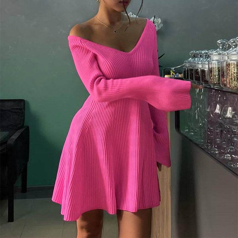 Sexy Slim V-Neck Long Sleeve Knitted Dress Fashion Tight High Elastic Ruffle A-Line Short Dresses Y2K Skirt Womens Clothing - Velora
