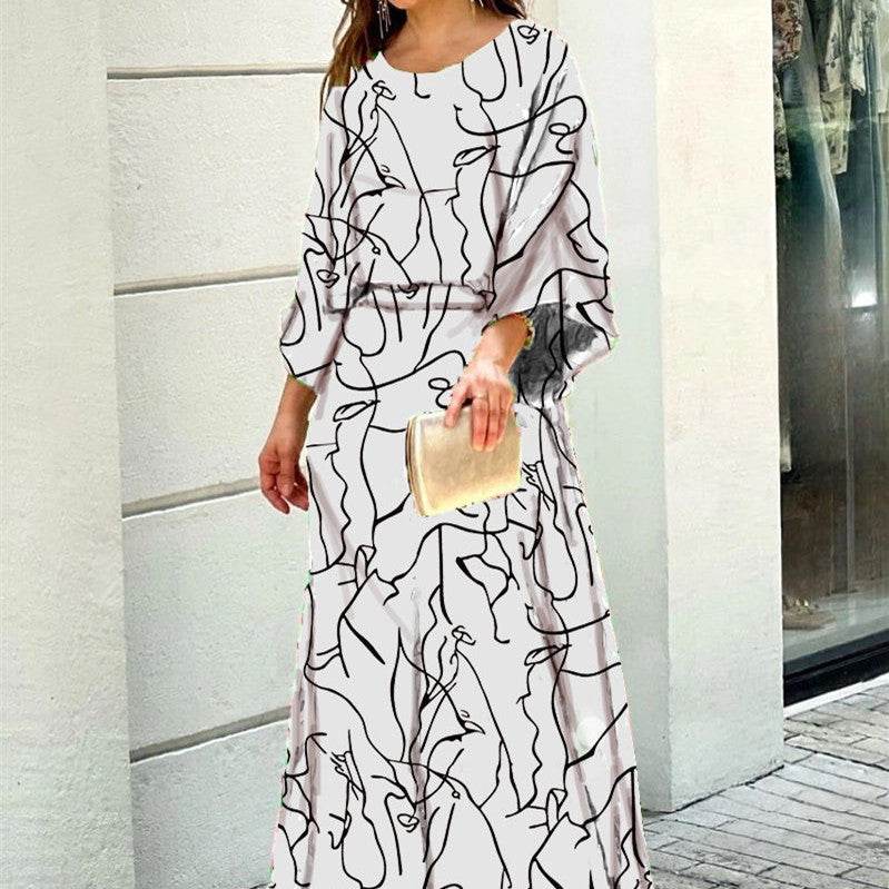 2pcs Women's Dress Suits Fashion Loose Printed Long Sleeve Top And High Waist Long Skirt - Velora