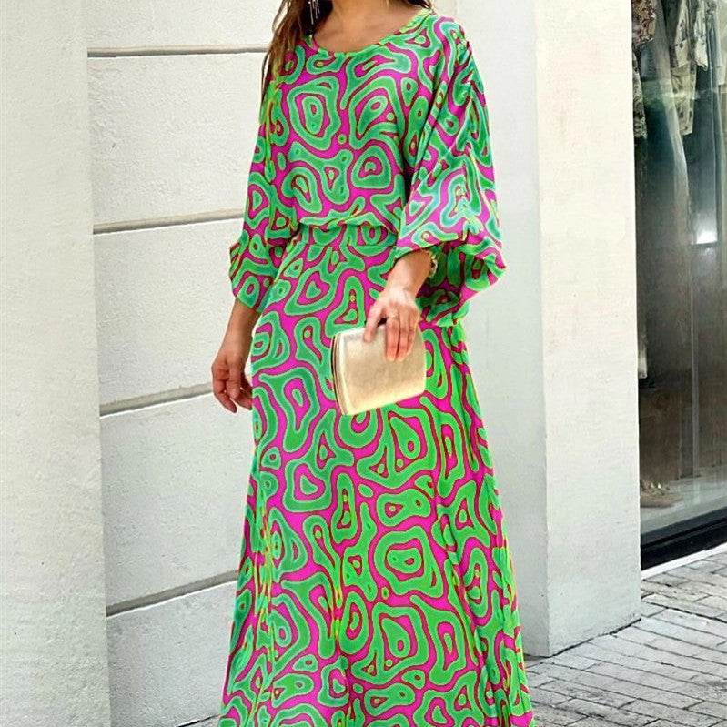 2pcs Women's Dress Suits Fashion Loose Printed Long Sleeve Top And High Waist Long Skirt - Velora