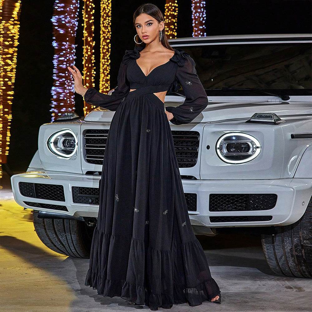 Elegant Chiffon Stitching Midriff Outfit Large Swing Banquet Dress - Velora