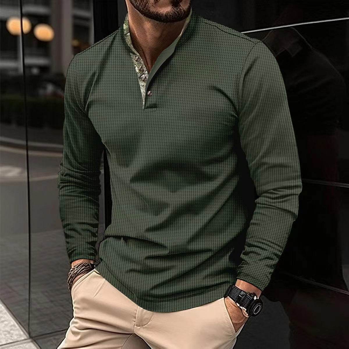 Men's Double Layer Lapel Polo Shirt Fashion Waffle Long-sleeved Tops Clothing - Velora