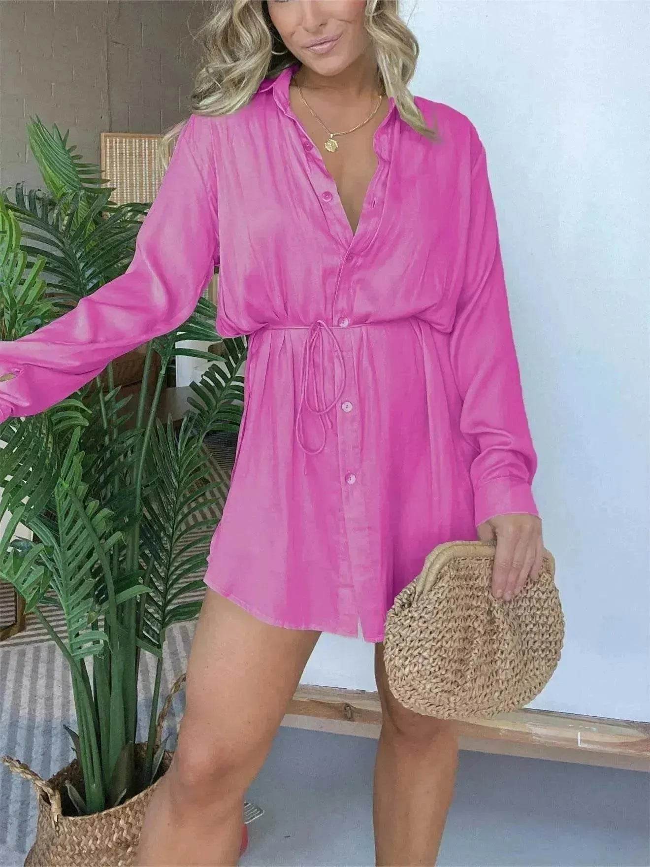 Elegant Women's Long Sleeve Button down Shirt Dress Fashionable Short Outfit Set Two piece Suit Set - Velora