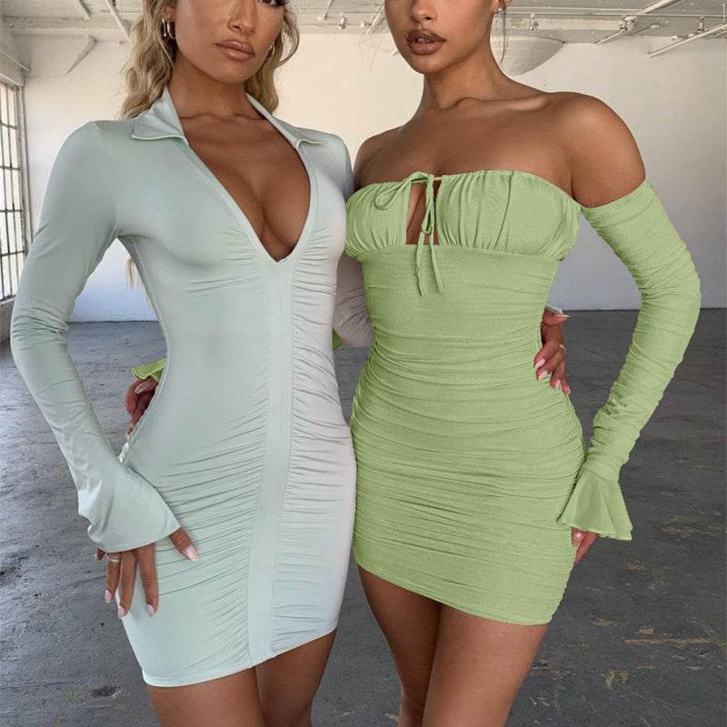 Fashion Slim Off-shoulder Long Sleeve Dress Sexy Tie Pleated Short Dresses Womens Clothing - Velora