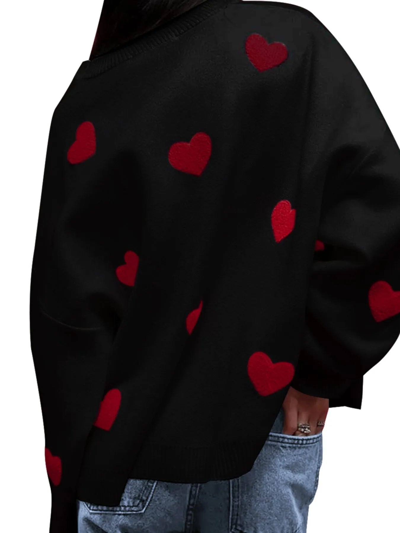 Heart Round Neck Long Sleeve Sweater - Velora