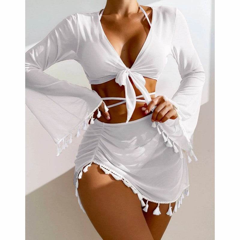 4pcs Solid Color Bikini With Short Skirt And Long Sleeve Cover-up Fashion Bow Tie Fringed Swimsuit Set Summer Beach Womens Clothing - Velora