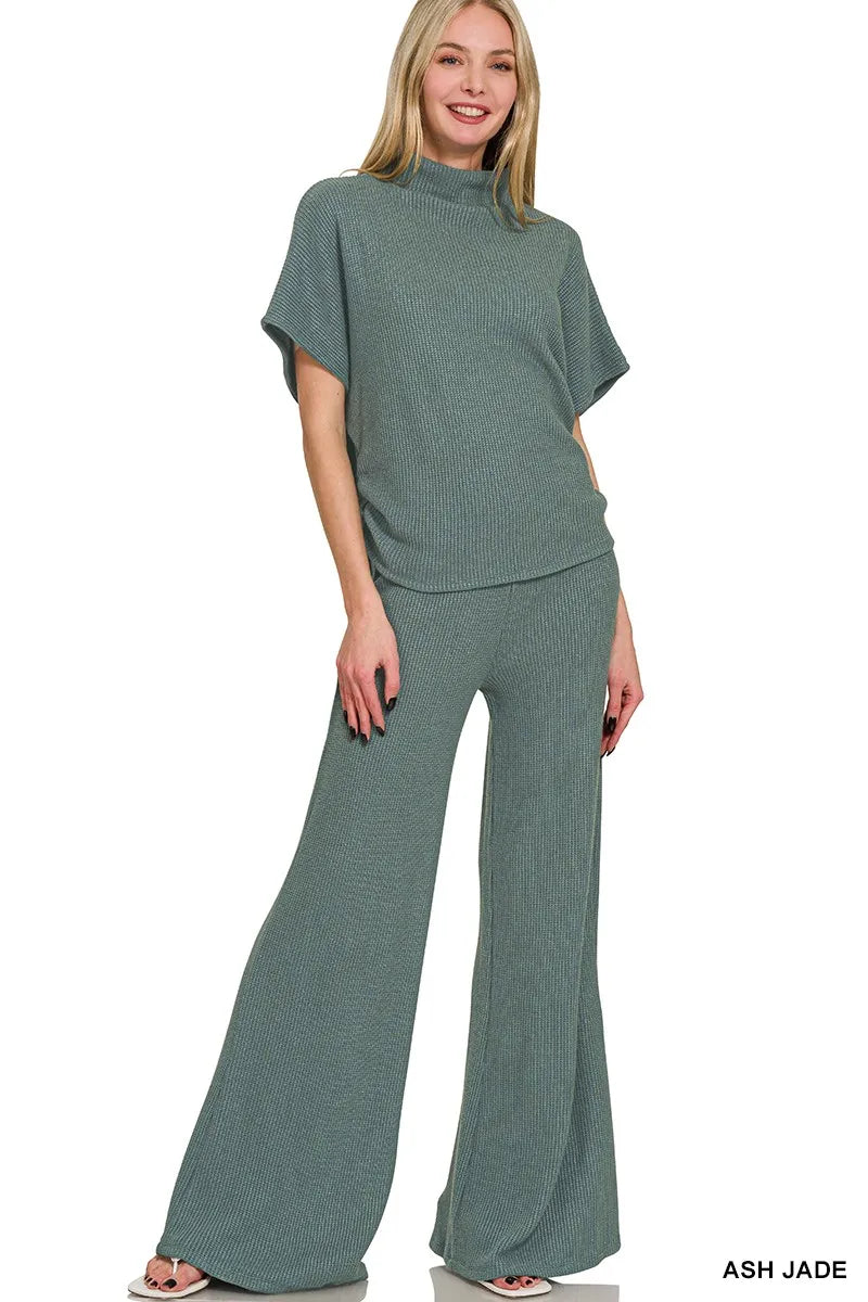 Zenana Mock Neck Top and Pants Sweater Set - Velora