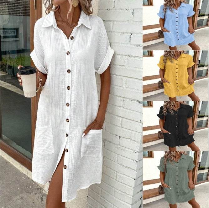 Summer Short Sleeve Shirt Dress Fashion Solid Color Single-breasted Mid-length Loose Dress - Velora
