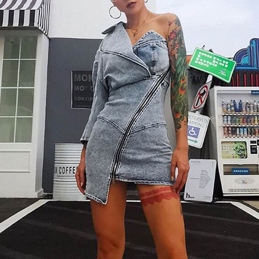 Street Fashion One shoulder Denim Mini Jeans hip dress - Velora