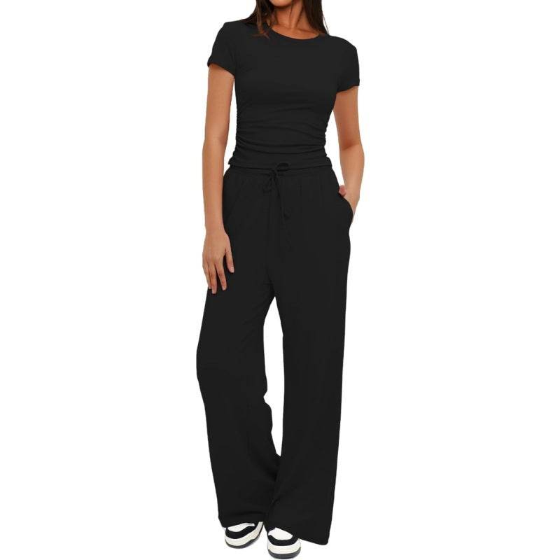 Fashion Casual Set Pleated Short Sleeves Top And Trousers - Velora