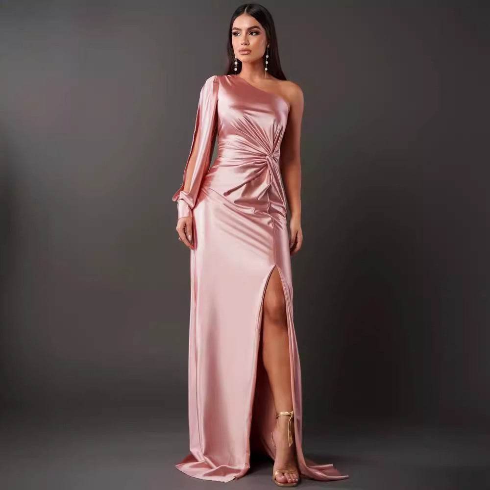 Women's One-shoulder Split Dress Ins Fashion Long-sleeved Slim Long Dresses Party Evening Clothing - Velora
