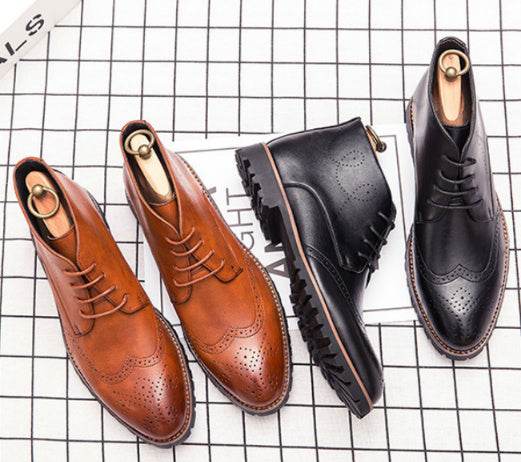 Simple Carved Casual Pointed Inner Height Increasing Leather Shoes - Velora