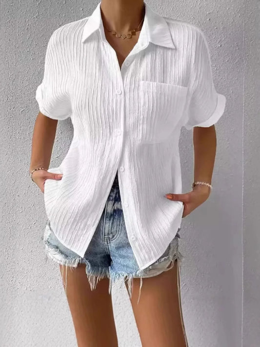 Textured Button-Up Short Sleeve Shirt - Velora