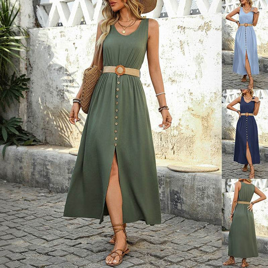 Summer Round-neck Sleeveless Split Dress With Button Design Fashion Solid Beach Long Dresses For Women Clothing - Velora