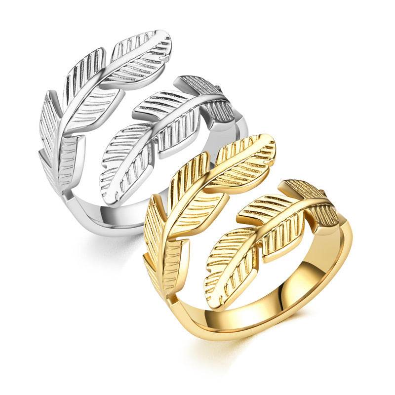Feather Ring Open Titanium Steel Ring Gold And Silver Color Opening Rings Creative Simple Feather Handmade Party Jewelry Gifts - Velora