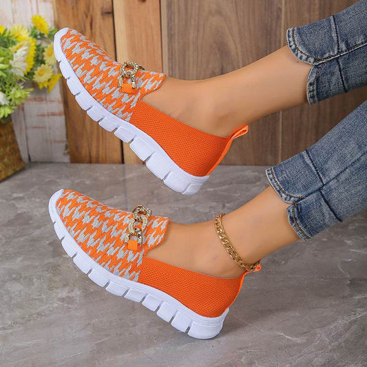 Casual Houndstooth Print Chain Mesh Shoes Summer Walking Sports Flat Shoes Women Breathable Loafers - Velora