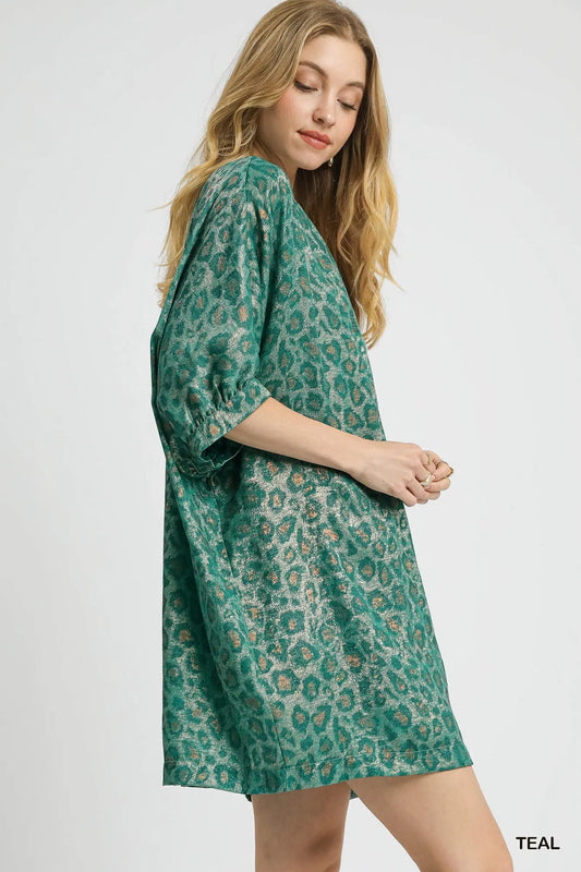 Umgee Metallic Leopard Print V-Neck Kimono Dress - Velora