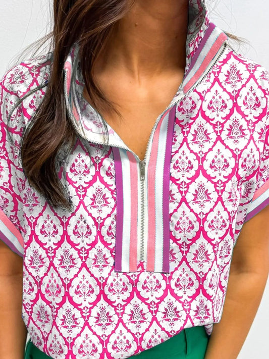 Printed Half Zip Short Sleeve Blouse - Velora