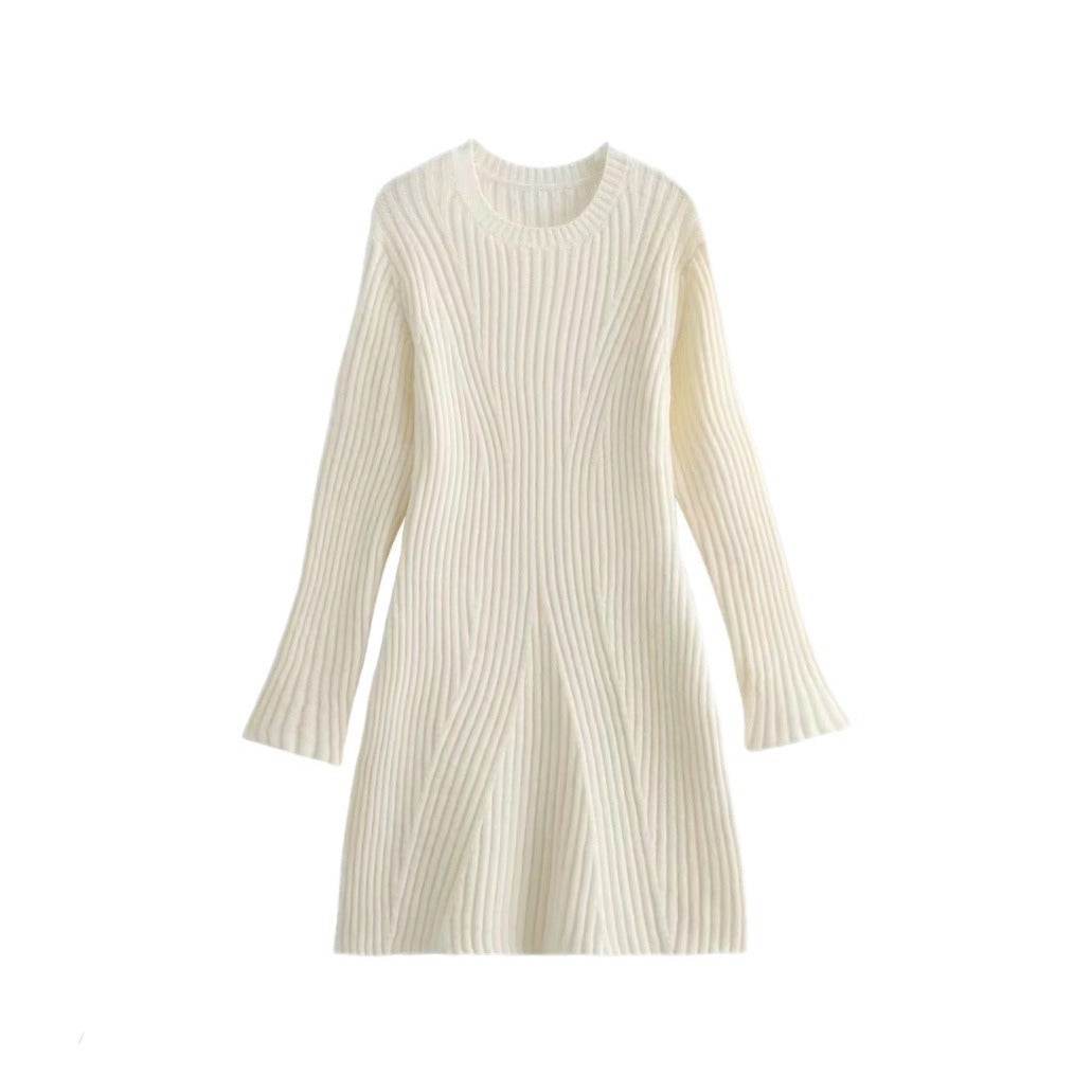 Fashion Solid Ribbed Knitted Dress Fall And Winter Slim-fit Stand-up Collar A-line Dresses Women's Clothing - Velora