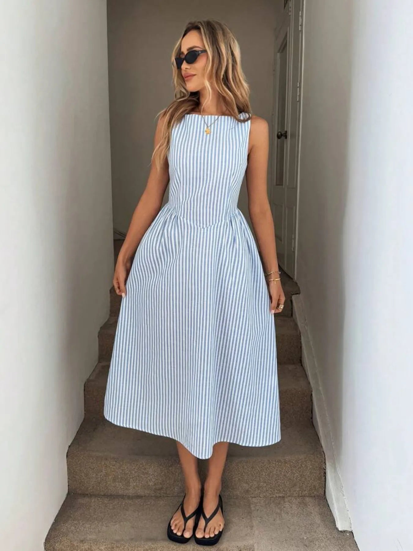Sleeveless Striped Midi Dress - Velora