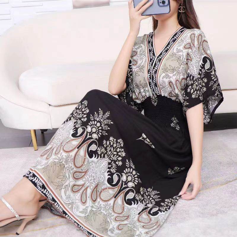 Cotton Silk Floral Dress Women's Summer Ethnic Style V-neck Short Sleeve Pastoral Style Skirt - Velora