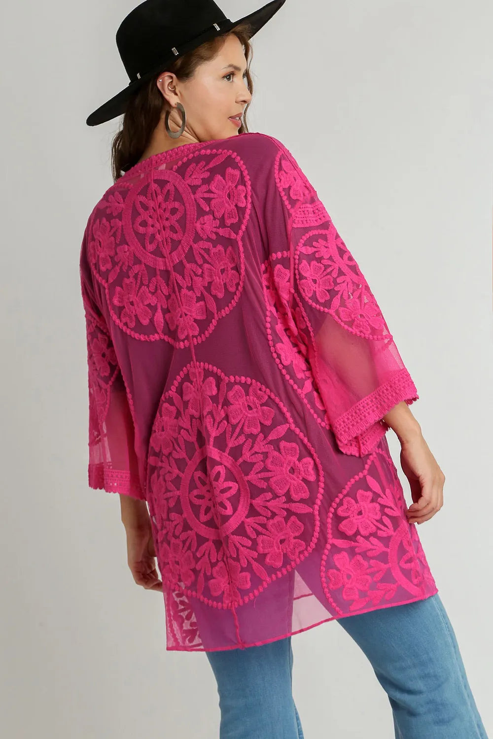 Umgee Full Size Floral Lace Open Front Kimono Sleevee Cover Up with Waist Tie Plus Size - Velora